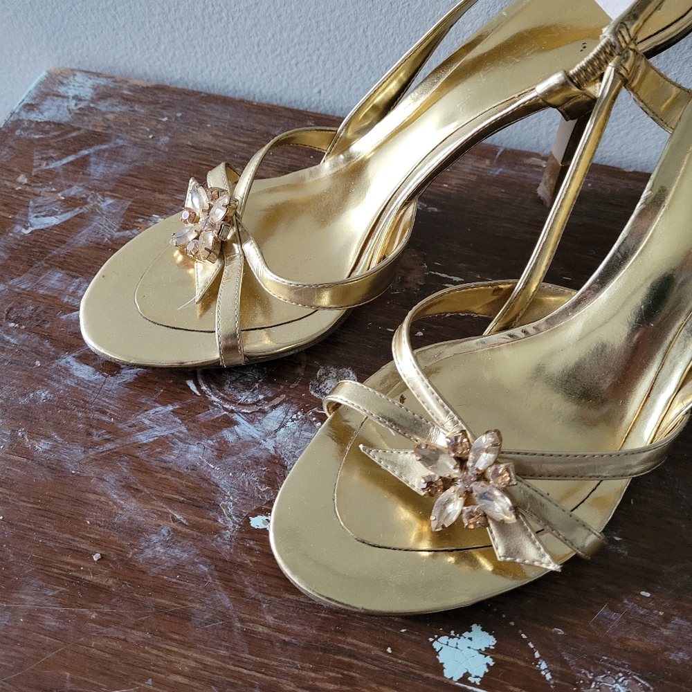 Gold metallic strappy heels with jewels Nine West